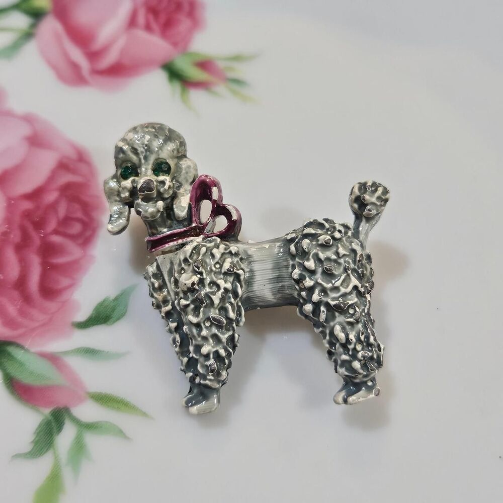 vintage poodle pink bow green eyes brooch
